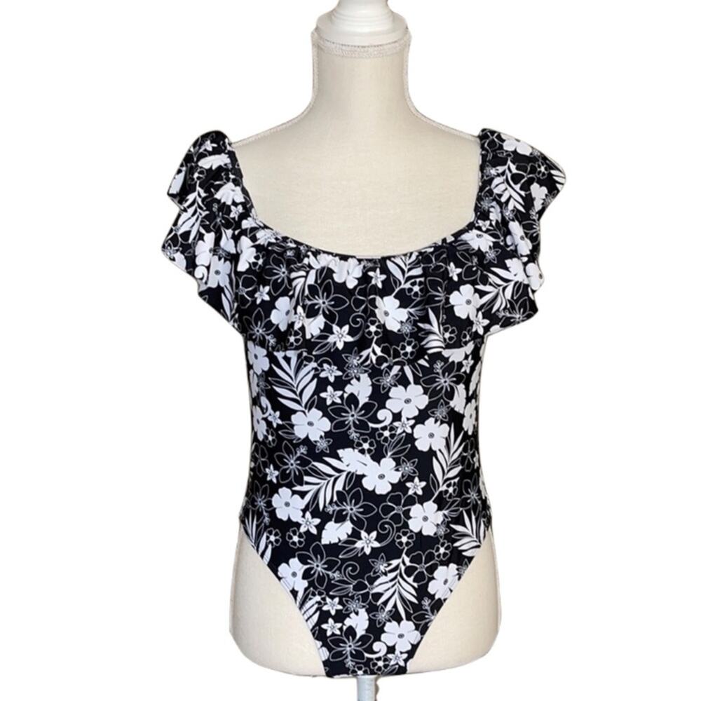 Cabana Del Sol One Piece Floral Swimsuit with Ruffled‎ Collar Sz large